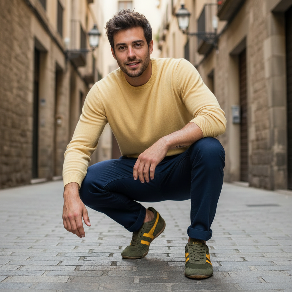 Hombre con camiseta amarilla y Gola Cascade