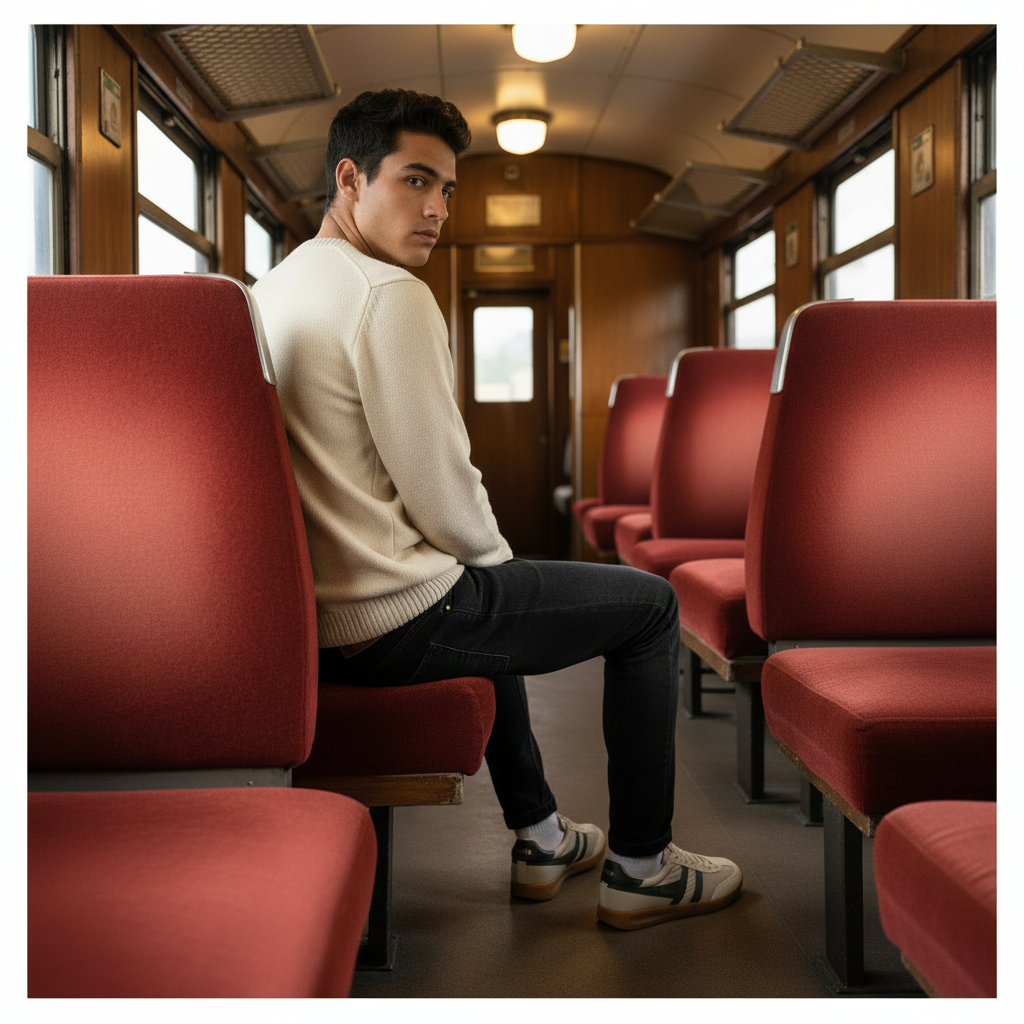 Chico con Gola Cyclone Nylon crema sentado en tren vintage interior