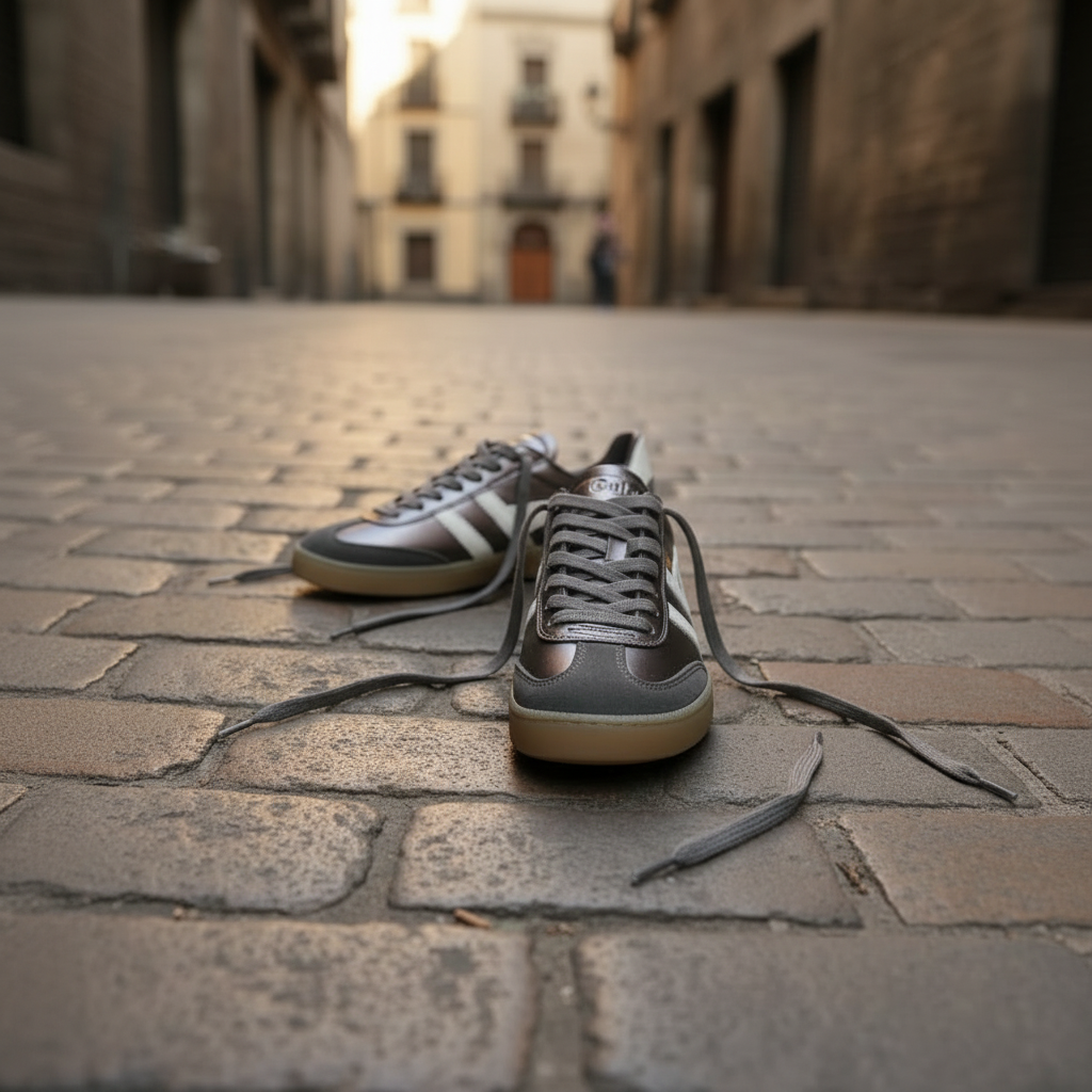 Gola Viper Metallic cordones sueltos sobre empedrado del Gótico de Barcelona