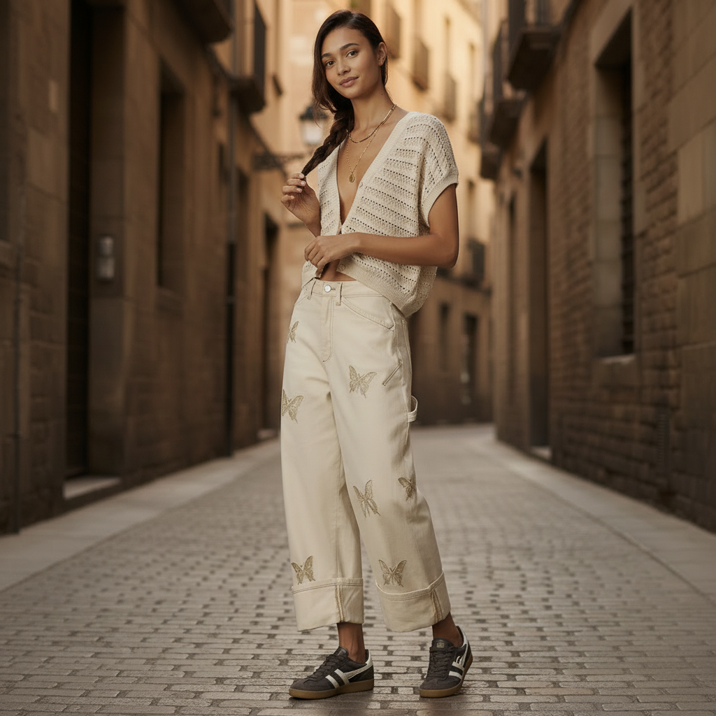 Chica con outfit mariposas y Gola Viper en el Gótico de Barcelona