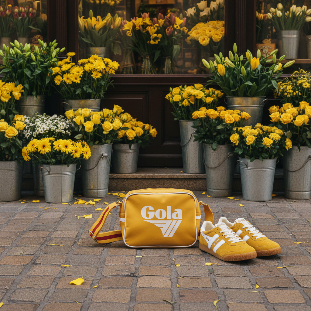 Gola Micro Redford Sun bag and Elan Sun White sneakers in front of a flower shop with yellow flowers