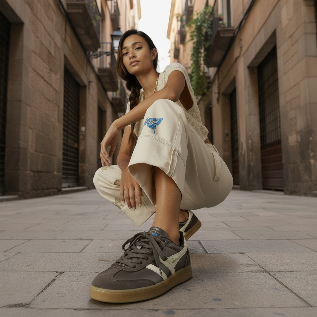 Mujer en cuclillas con Gola Viper en el Gótico de Barcelona