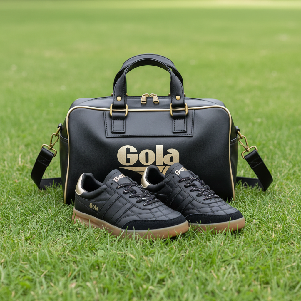 Gola Micro Reynolds black bag and Stadia black sneakers on grass in a park