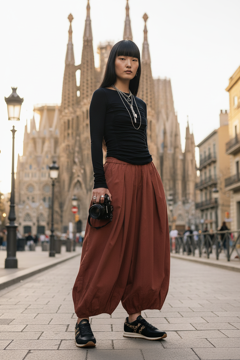 Modelo asiática con Gola Daytona Blaze en Barcelona con Sagrada Familia