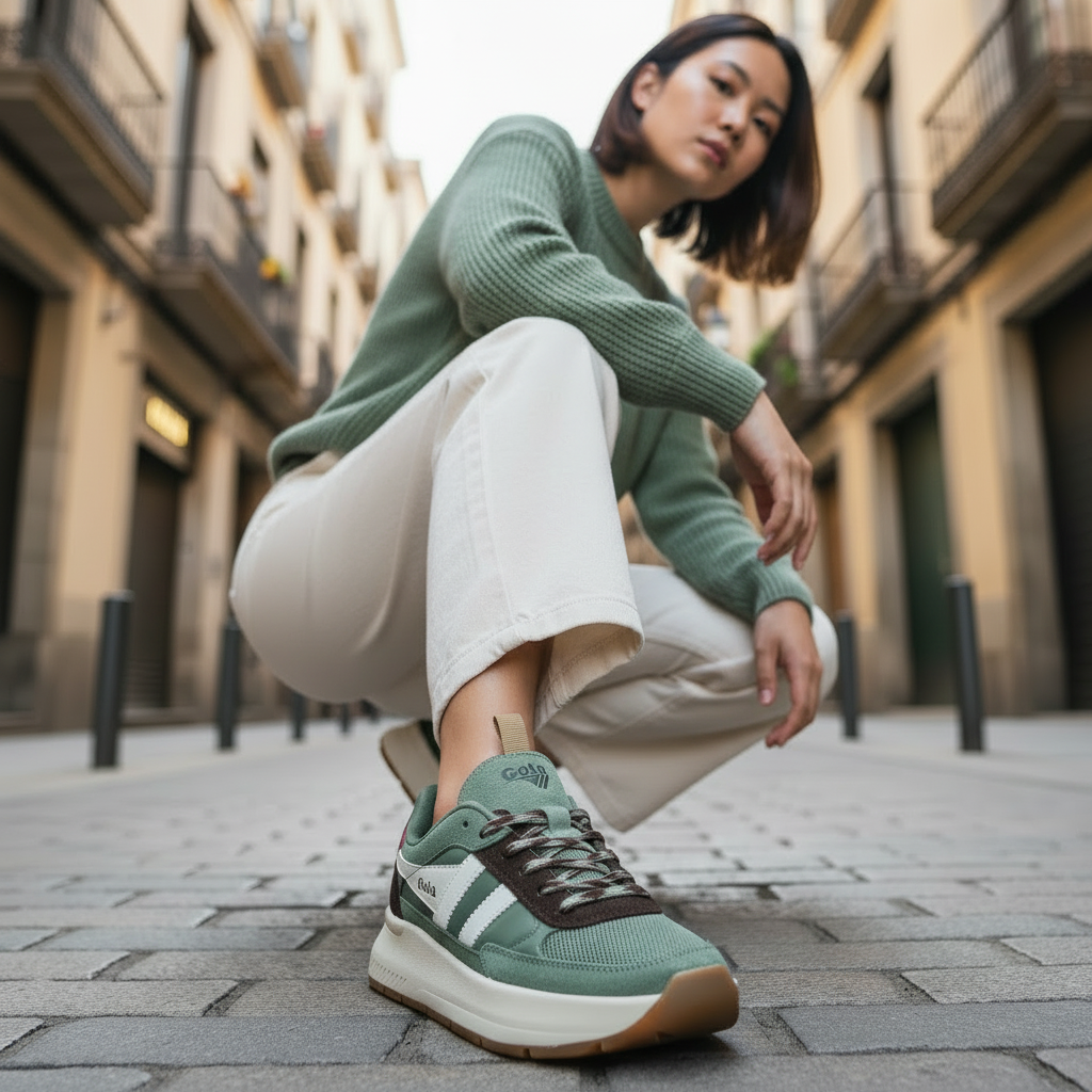 Modelo con denim marfil y jersey salvia