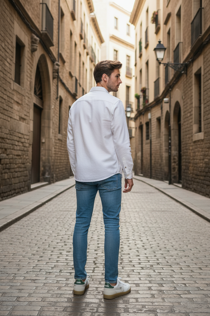 Modelo de espaldas con camisa blanca y Viper Leather blancas