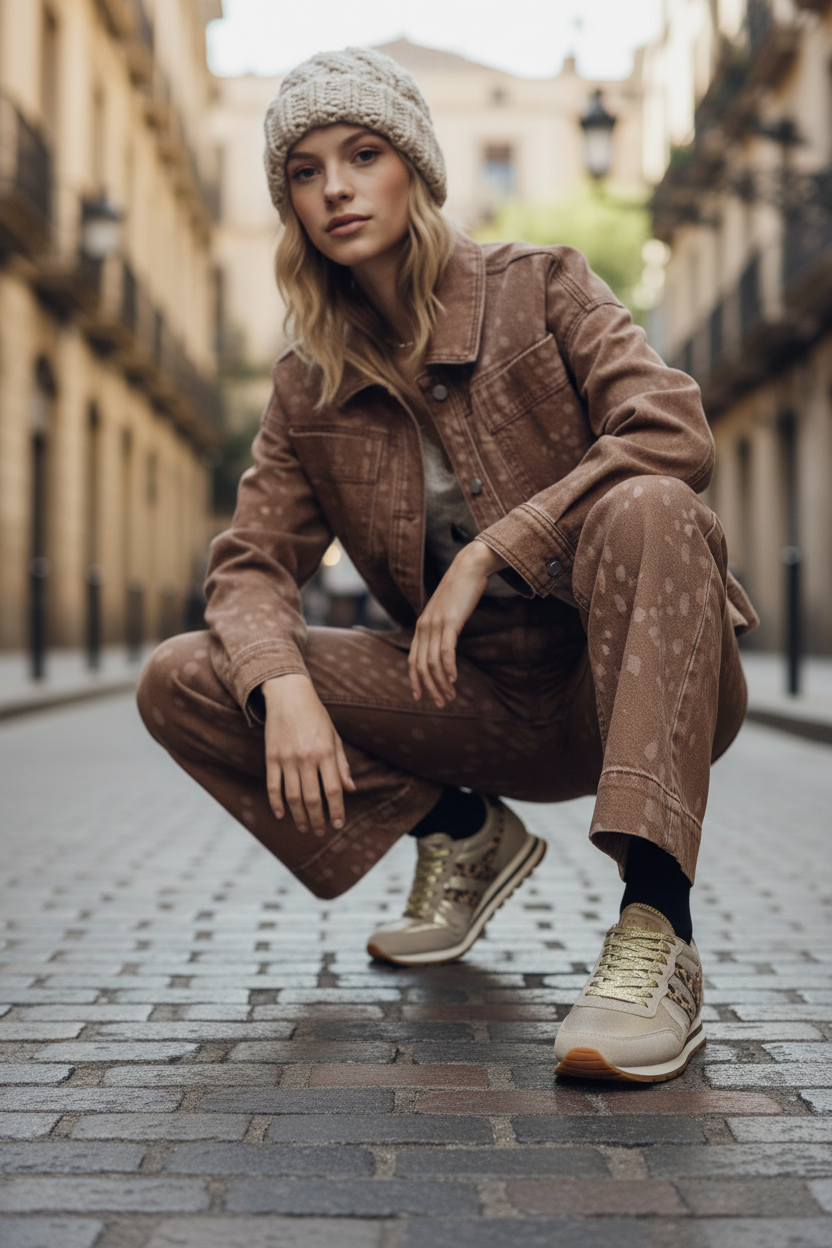 Modelo en cuclillas con Gola Daytona Blaze - ángulo bajo