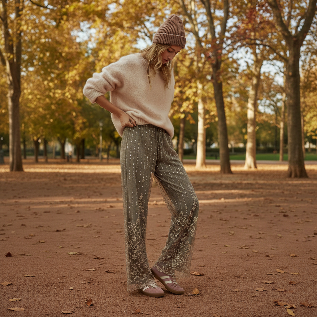Modelo en el parque otoñal formato 1:1
