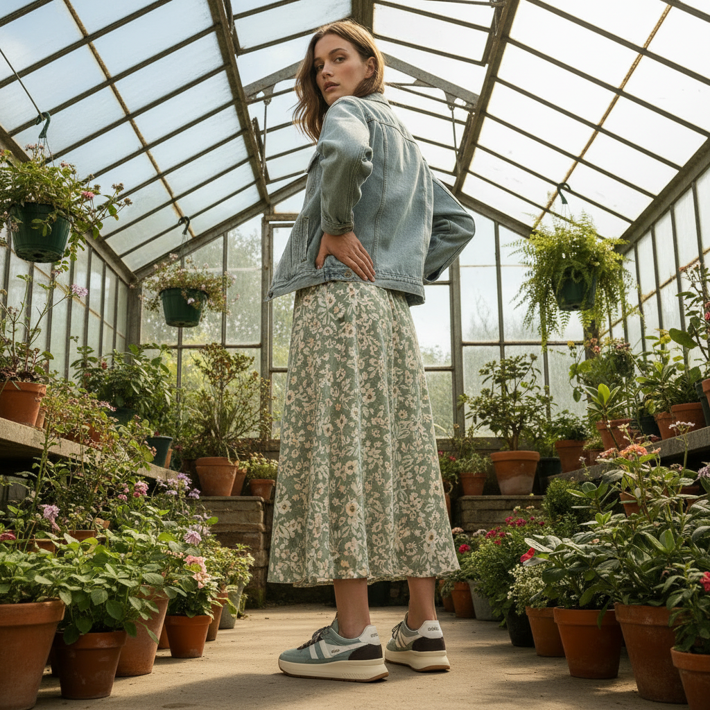 Modelo morena de pie en invernadero