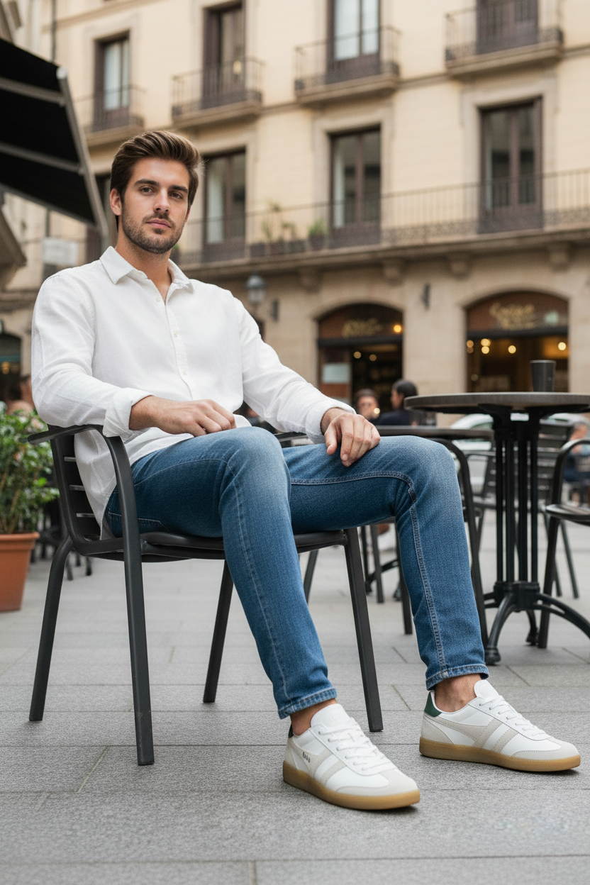 Modelo sentado con camisa blanca y Viper Leather blancas